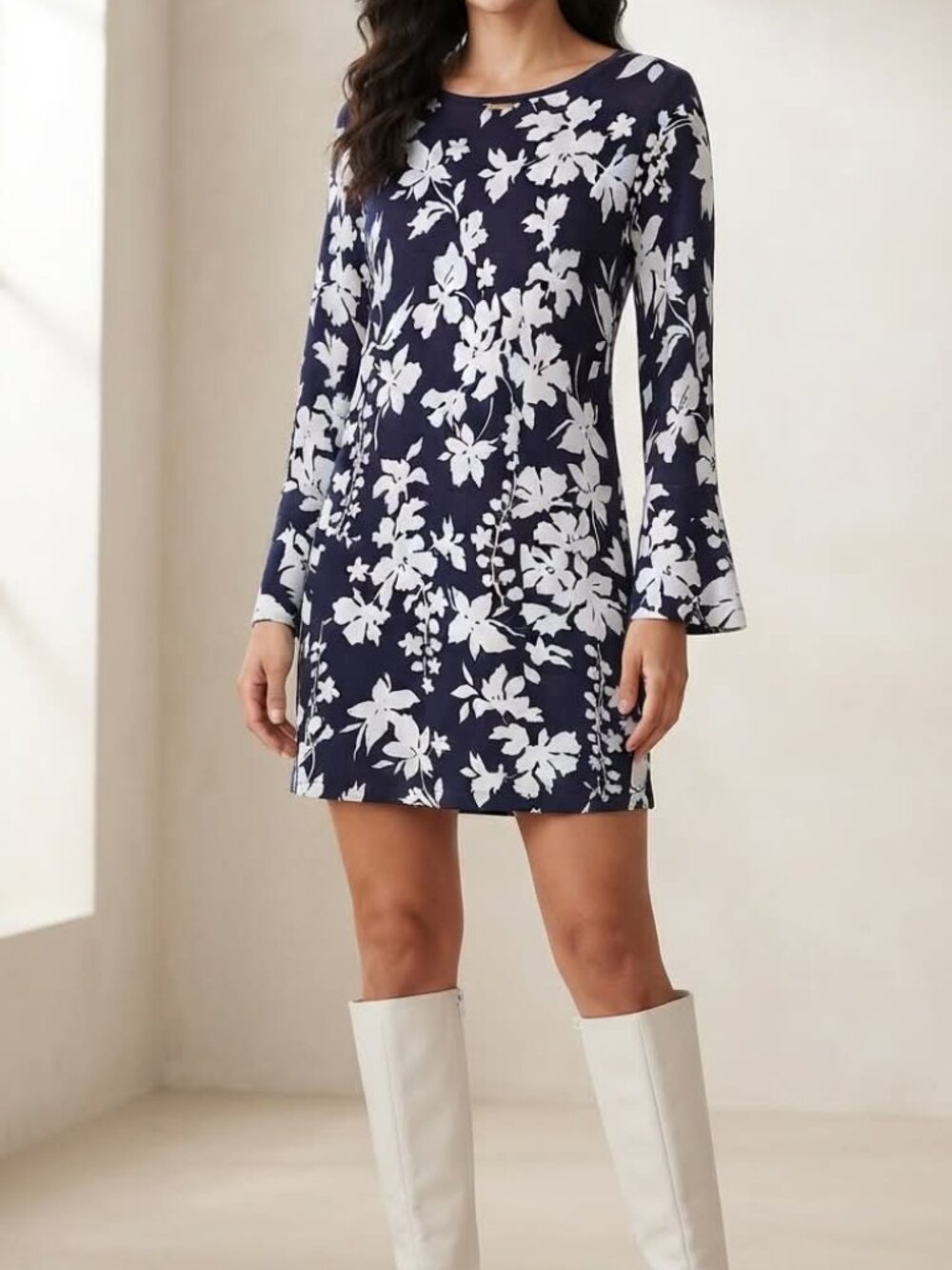 MICHAEL Michael Kors Navy Blue White Floral Long Sleeve Shift Dress Size L retro